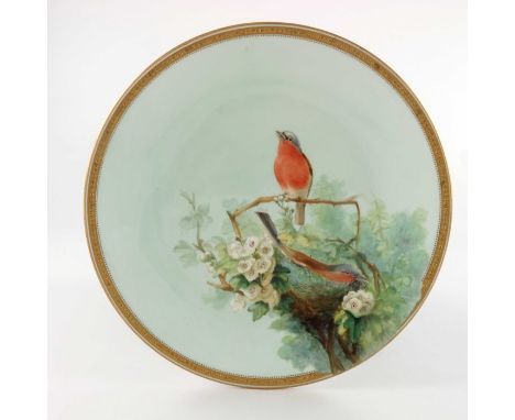 John Hopewell (attributed) for Royal Worcester, a pair of bird painted and gilded dessert plates, 1874, impressed and printed