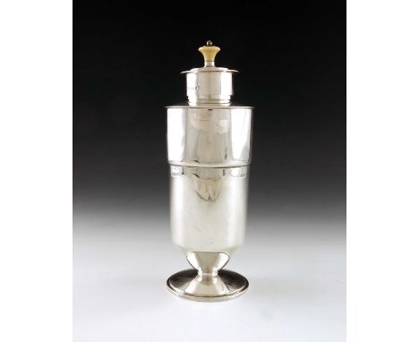 An Art Deco silver tea caddy, Goldsmiths and Silversmiths Company, London 1934, stepped cylindrical form with conical foot an