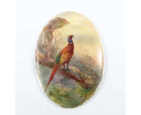 James Stinton for Royal Worcester, a pheasant painted plaque, 1928, signed, puce mark, 11cm long