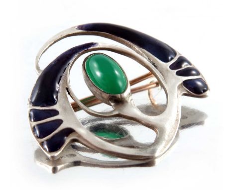 Theodor Fahner for Murrle Bennett and Co., a Jugendstil silver and enamelled brooch, of open foliate tendril design with cent