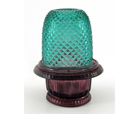A Clarke fairy Pyramid lamp and base, green hobnail domed shade on purple glass base, 11.5cm high