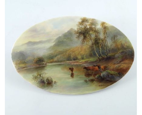 John Stinton for Royal Worcester, a Highland cattle plaque, 1918, with a named view Llugwy to reverse, signed, puce mark, 24.