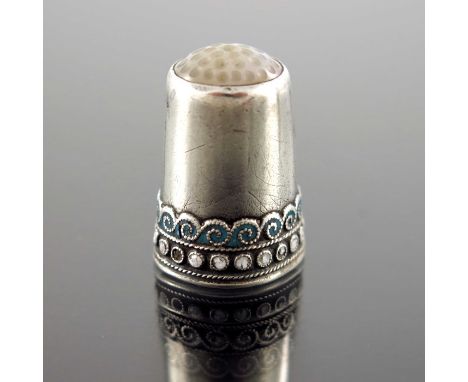 David Andersen, a Norwegian silver and enamelled, jade set thimble, circa 1900, ropetwist wave and dot bands in blue and whit