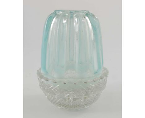 A Victorian blue opal glass fairy lamp, on Clarke's stand, vertically ribbed and domed shade, 10cm high