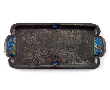 An Arts and Crafts enamelled pewter tray, twin handled rectangular form with mermaid plaques between blue enamel cabochons, 3