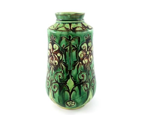 Charles Collis for Della Robbia, an art pottery vase, shouldered gourd form, incised with floral rosetted between foliate ten