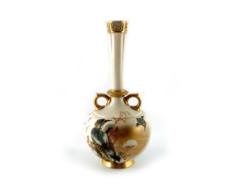 Charles Baldwyn for Royal Worcester, a blush ivory bird painted vase, 1883, bulbous and shaft form with twin handles, painted