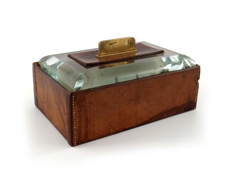 Pietro Chiesa for Fontana Arte, an Art Deco leather and glass box, cedar lined, with brass finial, foil sticker, 16cm wide, 9