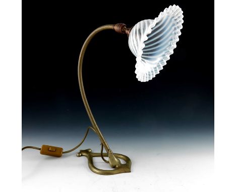 An Arts and Crafts brass table lamp, in the Benson style, with opalescent glass shade with crimped rim, 43cm high