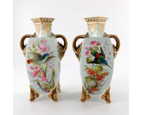 John Hopewell (attributed) for Royal Worcester, two bird painted twin handled Japanesque vases, 1878, square form, decorated 