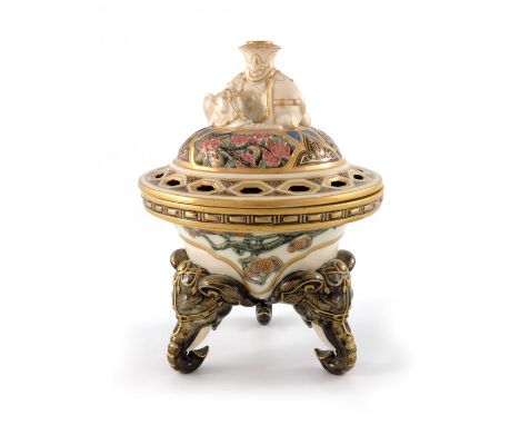 James Hadley for Royal Worcester, an Aesthetic Movement Japanesque incense burner, 1874, the bowl with relief moulded tree br