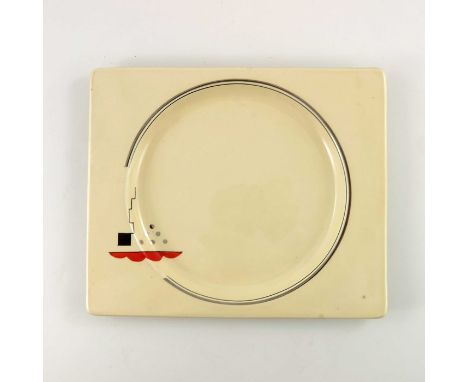 Clarice Cliff for Wilkinson, a Biarritz plate, painted with lustre, red and black geometric design, printed Bizarre marks, 23