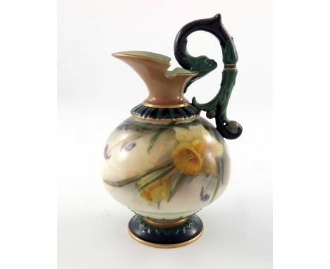 Hadley's Worcester, a daffodil painted jug, scroll handle and gilt rims, printed marks, 14cm high