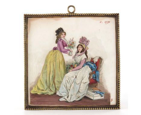 A Boch Freres painted tile, decorated with two 18th century women, monogram JB, famed, 18cm square