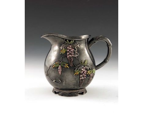 A Japanese silver and enamelled jug, Sanju Saku, Yokohama circa 1900, footed baluster form, applied wisteria design in purple