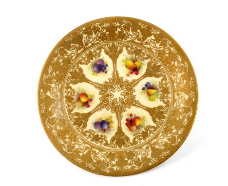 Albert Shuck for Royal Worcester, a fruit painted plate, 1912, six panels within tooled and raised gilt vine and tendril bord
