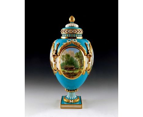 A Minton vase and cover, circa 1860, Sevres style, urn form, relief moulded with painted roundels of alternating marine and l