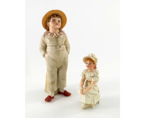 James Hadley for Royal Worcester, two Kate Greenaway type figures, including girl on a chair and boy sugar sifter, 18cm high 