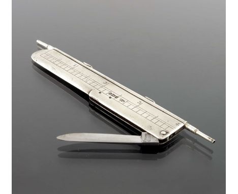 An Edwardian silver novelty combination pen knife pencil, William Hurcomb, London 1906, in the form of a 4 inch ruler, with t