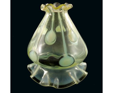 John Walsh Walsh, an Arts and Crafts straw opal glass shade, conical shouldered form with crimped rims, relief moulded tadpol