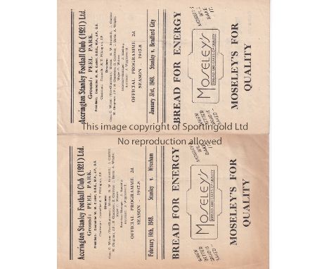 ACCRINGTON   Two Accrington Stanley 4 Page programmes from the 1947/48 season v Bradford City (light fold) and Wrexham (some 