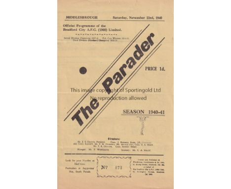 BRADFORD CITY     Home programme v Middlesbrough 40/41, light folds.    Good
