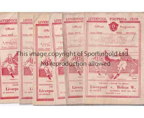 LIVERPOOL 49/50   Six Liverpool home programmes, 49/50, v Bolton, Stoke, Fulham, West Brom, Everton and Blackpool. Some folds