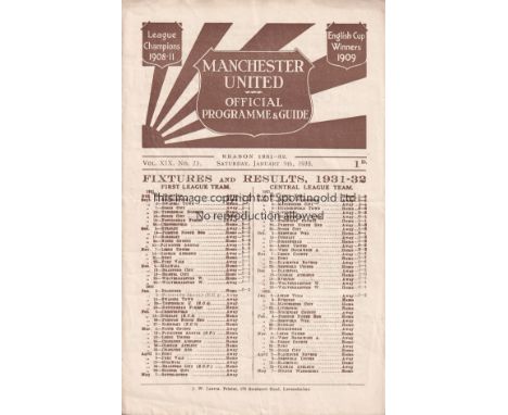 MAN UTD RES- EVERTON 1931-32   Manchester United Reserves home programme v Everton Reserves, 9/1/1932, four page issue , sepi