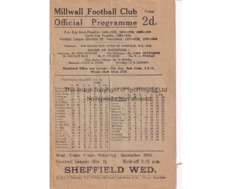 MILLWALL      Home programme v Newcastle 13/12/1947 inc Shackleton Milburn and Harvey playing for Newcastle, a little creased