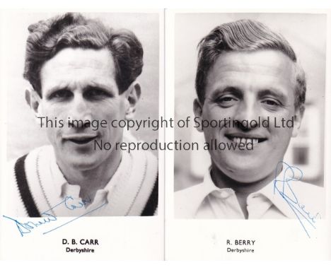 DONALD CARR / BOB BERRY / DERBYSHIRE CCC AUTOGRAPHS     Two black &amp; white signed portrait postcards.   Good