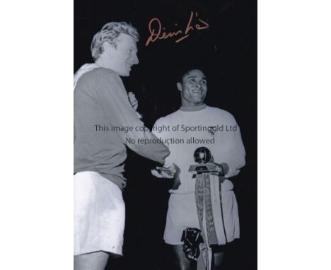 DENIS LAW      B/W, photo 12" x 8", showing Man United's Denis Law congratulating Benfica's Eusebio after he received the Eur