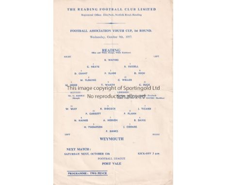 FA YOUTH CUP    Single sheet programme Reading v Weymouth 9th October 1957. Light folds. No writing. Generally good   