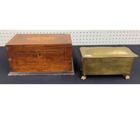 19th century inlaid tea caddy, the hinged cover (at fault) with inlaid paterae and lines, enclosing twin divided interior eac