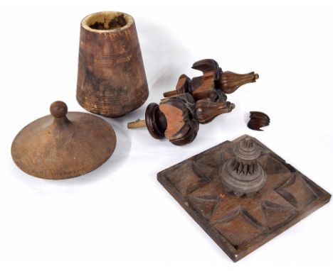 Arts &amp; Crafts carved oak architectural centrepiece, possibly from a ceiling with drop finial, 11" square; together with t