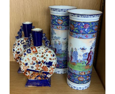 Pair of Ridgways Old Derby Imari palette moon flask vases, 9" high; together with a pair of Empire Porcelain Co. Stoke on Tre