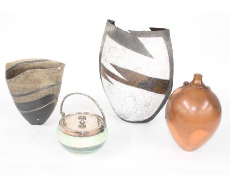 Two studio pottery vases, the first with white and copper glaze strike motif to the front, 11" high, the second by the same h