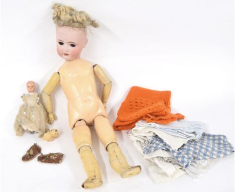Vintage Adolf Heller German bisque headed doll, marked A71/2H Germany to back of head, painted composition body, with assorte