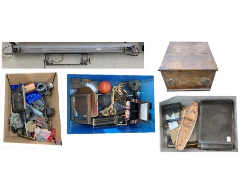 Interesting mixed lot of vintage items to include brass and copper industrial components, collection of glass photographic sl