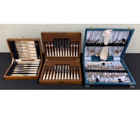 Mappin &amp; Webb cased set of mother of pearl desert knives and forks for twelve, knives 7" long; together with a cased set 