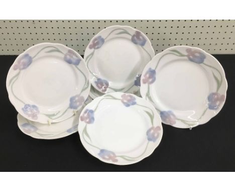 Set of six vintage Rorstrand Sweden ceramic side plates, with raised moulded floral decoration to the borders, impressed and 
