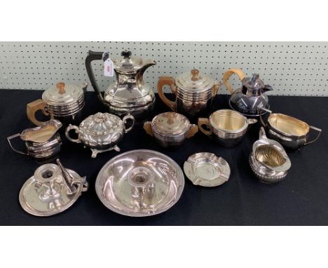 John James &amp; Co Art Deco silver plate four piece tea set; together with a GM Arthur &amp; Co plated three piece tea set, 