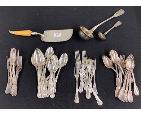 Assorted silver plated flatware; soup ladle 13" long, sauce ladle, five table spoons, six dessert spoons and two forks marked