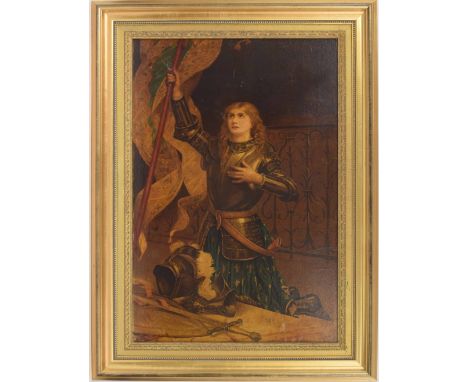 Large oleograph picture of Jeanne d'Arc, kneeling, her helmet sword and shield laid out in front, offering up a flag, within 