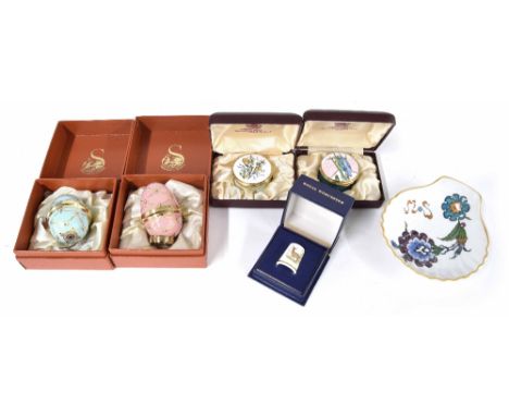 Two Staffordshire Enamels eggs, in powder blue and pink, both in original boxes with gilt ring stands, 2.5" hgh; together wit