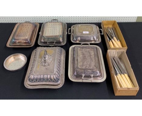 Four silver plate rectangle entree dishesand covers, largest 11" x 8", a small EPB circular dish, an unrelated tureen base an