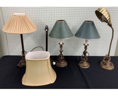 Pair of vintage classical style metal table lamps in the form of candlesticks, 16" high to top of fitting; together with anot
