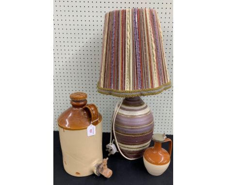 Glazed stoneware cask with tap, stamped 'Chesterfield', 13" high; together with a small stoneware jug with metal collar and c