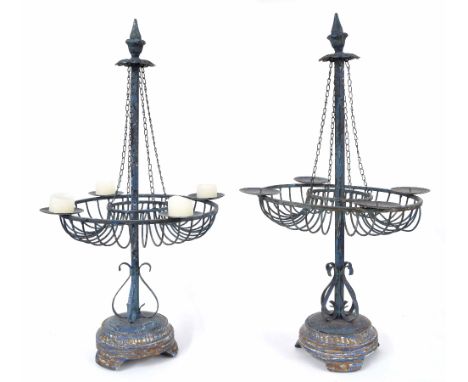 Pair of Scandinavian blue painted metal four light table candelabra, on turned wooden bases, 30" high (2)