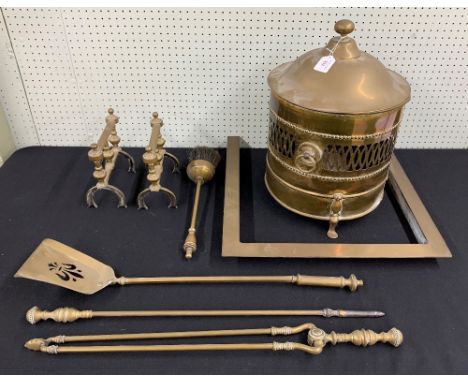 Brass coal basket with cover, 18" high; together with fire tools and a pair of brass fire dogs