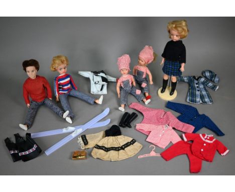 Two Sindy dolls with blond bobbed hair, to/w two Patch dolls and one Paul, with accessories Sindy missing hair plugs in foreh